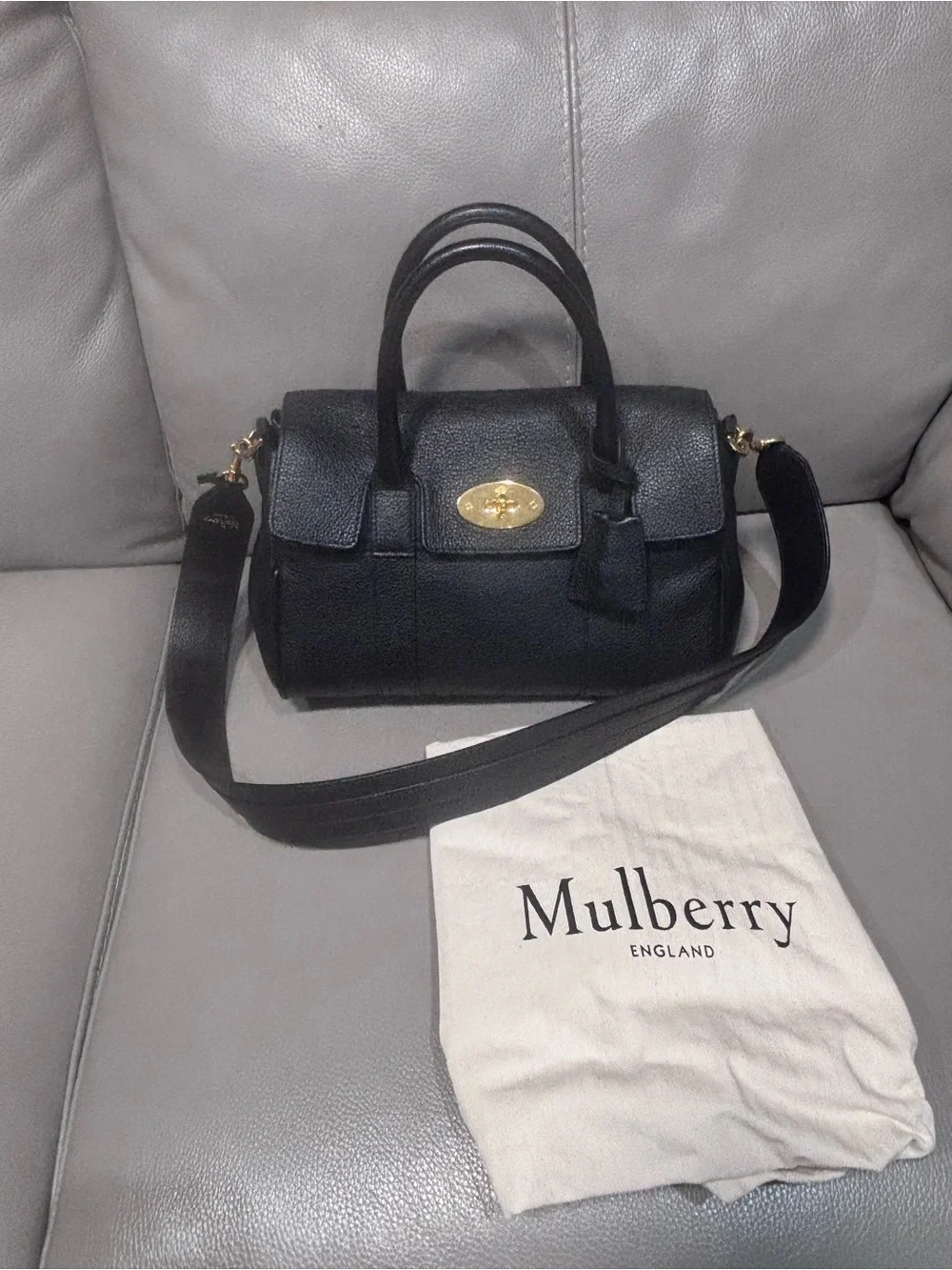 Mulberry Black Pebbled Leather Satchel with Gold Hardware and Strap